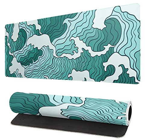 Japanese Green and White Wave Extended Mouse Pad 31.5x11.8 Inch Wave Desk Mousepad Extended Large Non-Slip Rubber Base Waterproof Big Keyboard Mat with Stitched Edges for Gaming and Office