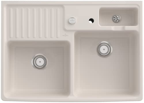 Villeroy & Boch Spülstein Doppelbecken, inklusive Ablaufgarnitur mit Excenterbetätigung, aus Keramik, 895 x 630 mm, Crema CeramicPlus