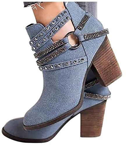 Stiefeletten Damen, Stiefeletten mit Dicken Absatz Plateau Nieten Ketten Kurzschaft Winterstiefel Winter Elegant Ankle Boots Cowboy Kurz Stiefel Winterschuhe Damenstiefel High Heels
