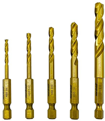 NordWolf 5-Piece HSS M2 Drill Bit Set, Titanium Nitride Coating with 1/4 Hex Shank, SAE Sizes 1/8-5/32-3/16-1/4-5/16 in Storage Case