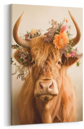 Dekomundo Highland Kuh mit Blumenschmuck Exklusives Leinwandbild Wohnzimmer Schlafzimmer Wandbild, 40x60 cm