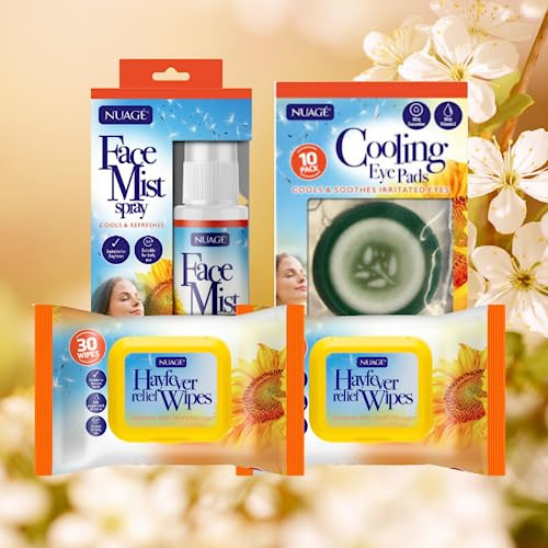 FEZ KEKE HAY Fever Relief KIT - 2X HAY Fever Relief Wipes (30 Pack) + 1X HAY Fever Cooling Eye Pads (10 Pack) + 1X HAY Fever FACE Mist (15ML) - Nuage Allergy Relief Protection for Kids and Adults