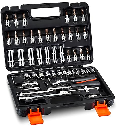 Nestling Socket Set, 1/4 Socket Set, 53-Piece Tool Sets, DIY Car Tool Set with Wrench, Extension Bars, Flexible Rods, Bit Sockets