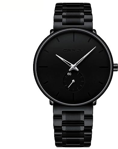CRRJU Herren Uhren Ultra Dünne Schwarze Minimalistische Quartz mit Edelstahlarmband fur Männer Klassische Elegantes Geschenk