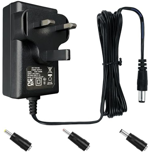 12V 1A 12W 1.8M Long Power Supply Adapter, AC DC Switching Adapter (Input 100-240V, Output 12Volt 1Amp 1000mA), Wall Mount Transformer Plug with 3 Interchangeable Adapter Jacks, UKCA Listed