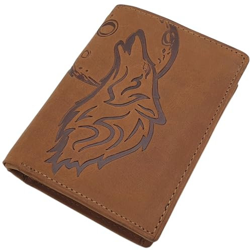 myledershop Echt Büffel-Vollleder Geldbörse/Geldbeutel/Portemonnaie/Geldtasche in Hoch- oder Querformat mit Wolf-Motiv und RFID & NFC Schutz (Modell 1 / Hochformat/Cognac)