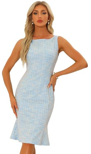 Allegra K Tweed-Kleid für Damen, Sommer, ärmellos, elegant, kariert, figurbetont, blau, S