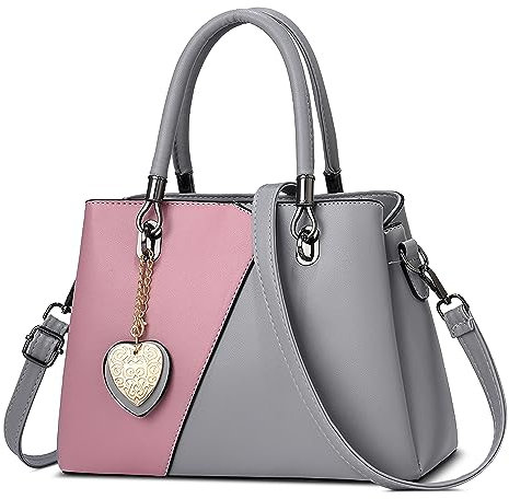DORRISO Mode Damen Henkeltasche Mittelgroß PU Leder Handtasche Schultertasche mit Schick Anhänger Shopper Tasche Kuriertaschen für Reise Einkaufen Arbeit Urlaub Business Damen Umhängetasche Graurosa