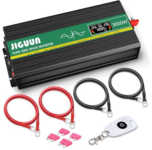 JIGUUN 3000W Convertisseur 12V 220V Pur Sinus Onduleur transformateur Puissance crête 6000W avec Télécommande sans Fil Écran LCD 2 Prises EU 1 Port USB pour Voiture Camping Voyage Urgence