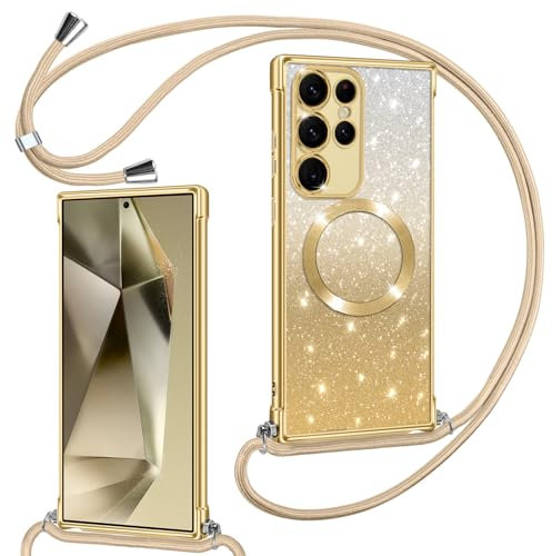 Phoona Handyband Hülle für Samsung Galaxy S24 Ultra 5G mit Band kompatibel mit MagSafe, Luxuriöse Glitzer Beschichtung Magnetische Handyhülle für Samsung S24 Ultra Stoßfest Schutzhülle, Gold