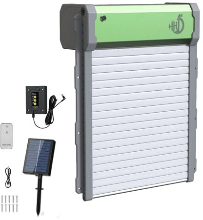 Automatische Hühnerklappe Solar Rolltor, Elektrische Hühnerklappe mit Timer, Lichtsensor, Fernbedienung, Intelligenter Einklemmschutz Hühnertür, Automatisch Hühnerstall Türöffner für Hühnerhaltung