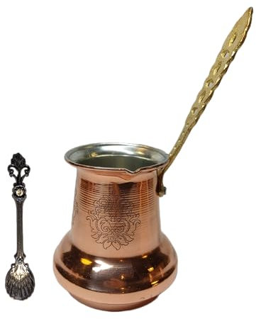 LEO Design Turkish Coffee Pot 5 Sizes, Coffee Maker Greek Arabic Coffee Stovetop Thick 3mm Solid Hammered Handmade Engraved Copper Cezve Ibrik Briki with Wooden/Brass Handle (Brass Handle, 350 ml)