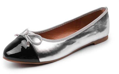 Womens Ballet Flat Pumps Ladies Girls Dolly Dollie Slip On Ballet Ballerina Work Smart Office Formal Fashion Bow Round Toe Flats Shoes Silver Metallic