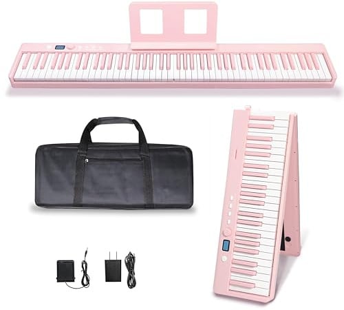 MAGICON Faltbares elektronisches Klavier mit 88 Tasten, kann um 180° gefaltet werden, tragbarer. True and Pure Grand Piano Sound Source by France Dream, Fußpedal/Netzadapter/zarte Handtasche (Rosa)