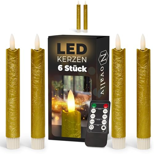Stabkerzen LED mit Timer GOLD 6 Stück Indoor 6 Stunden ECHTWACHS 18cm Höhe für Kerzen 2,2cm Durchmesser 2 AAA Batterien notwendig LED Stabkerzen 4er Set GOLD (zwei Mal) bewegliche Flamme Licht