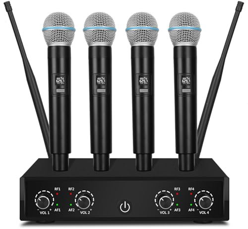 QiCheng&LYS Set microfono wireless Pro con ricevitore e 4 microfoni radio UHF, portata 200 m, microfono dinamico per canto, karaoke, chiesa, DJ (U-400)