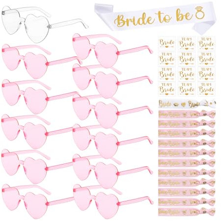 YSUVIN JGA Accessoires Frauen, 37 Stück Junggesellenabschied Frauen mit 1 Bride to be Schärpe, 12 Herz Sonnenbrille, 12 Bride Tattoo Aufkleber, 12Bride Armband, Rosa