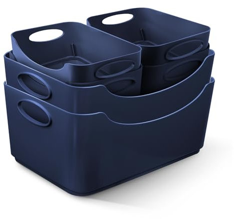 KEPLIN Plastic Studio Basket - Container Boxes for Storage Organising in Home or Office - Suitable for Shelfs Drawers Laundry Cupboard (Navy, Set of 6)