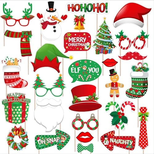 HeiPen 28 Stücke Foto Requisiten Weihnachten, Weihnachten Foto Booth Props Kit Frohe Weihnachten Party Dekoration, Brillen Weihnachten, Xmas Party Photo Supplies