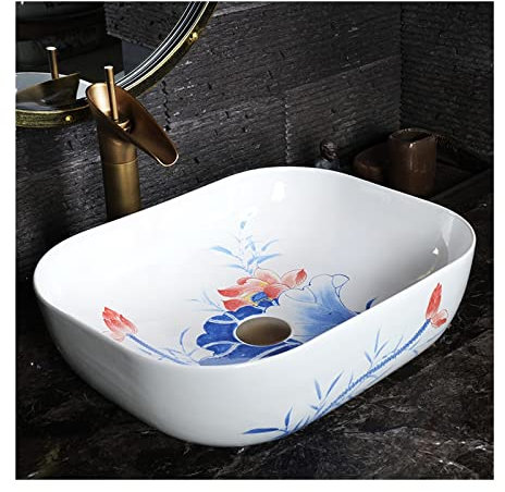 Fregadero de baño rectangular porcelana cerámica lavabo sobre encimera tocador arte lavabo lavabo blanco con patrón loto vintage