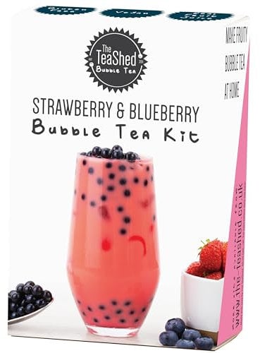 Bubble Tea Kit | Strawberry Powder, Blueberry Popping Boba and Paper Straw | Makes 1 Milky Bubble Tea | Vegan | by THE TEASHED