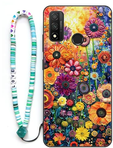 Sinyunron Hülle Kompatibel mit Huawei P Smart 2020 Handyhülle 2-in-1 Hybrid Set [Stoßfeste TPU Schutzhülle+Gemusterte Rückseite],Handy Schutzschale mit Buntes Schlüsselband,Bunte Blumen