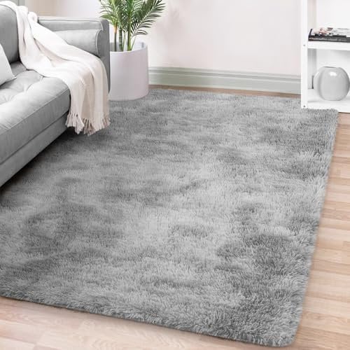 FVVRAX Bereich Teppiche für Schlafzimmer Wohnzimmer, Tie-Dyed hellgrau flauschig Fuzzy Shag Shaggy Teppich weichen Plüsch Teppich, 140x200 cm Indoor-Boden Teppich für Kinder Home Decor Ästhetik