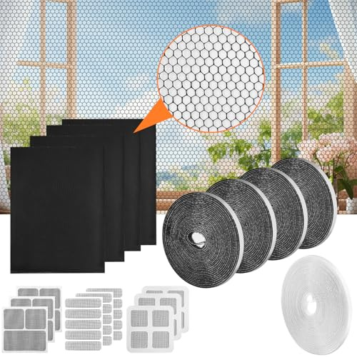 4 Packs Fly Screens for Windows, 130 × 150 cm Insect Mesh Window Nets with 4 Roll Self-Adhesive Tapes and Repair Tape Keep Bug, Mosquito Netting Window Screen, Bee, Spider, and Winged Insect Out