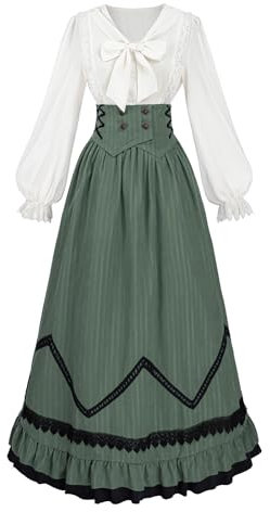 CR ROLECOS Robe victorienne des années 1900 pour femme - 2 pièces - Costume Renaissance - Chemisier victorien vintage - Jupe longue médiévale, vert, XXL