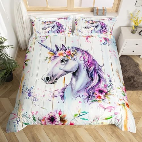 Homewish Einhorn Bettwäsche 155x220 Kinder Mädchen, Lila Tiere Bettbezug Niedlich für Mädchen Jungen, Lila Ästhetische Blumen Bett Set, mit 1 Kissenbezug Holzbrett Dekor, Weiche Mikrofaser