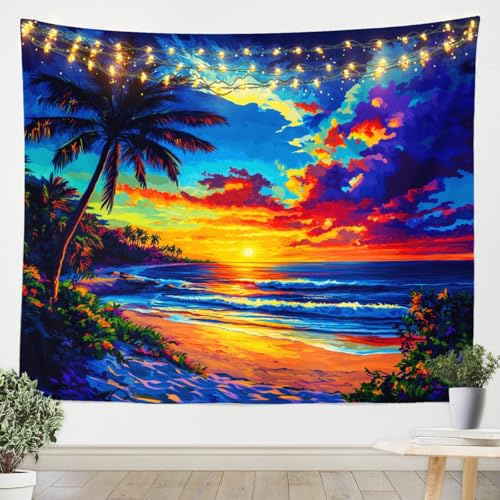 Loussiesd Schöne Szene Wandteppich 175x230cm Meer Tapisserie für Kinder Mädchen Jungs Sonnenuntergang Wandtuch Cocoanut Wandkunst Zimmer Dekor Ocean Blau