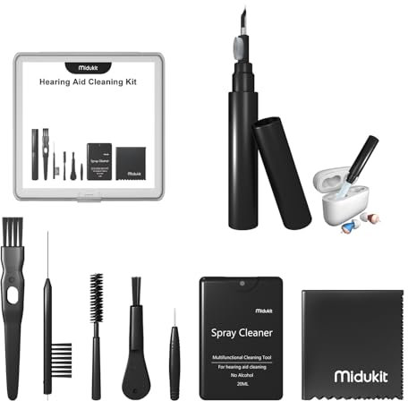 Premium Hearing Aid Cleaning Kits - Compatible with Rechargeable Hearing Aid with Bluetooth, Oticon, Phonak, Hearing Aid Cleaning Tools with Pen, Spray, Brush, Cloth, Hearing Aid Supplies Accessories