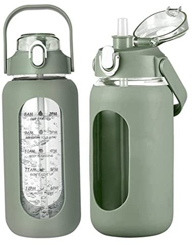 Lawnrden 64oz Water Bottle with Straw Glass Water Bottles with Time Marker and Silicone Sleeve Motivational Sports Drinking Bottle for School Office Green, Motivational
