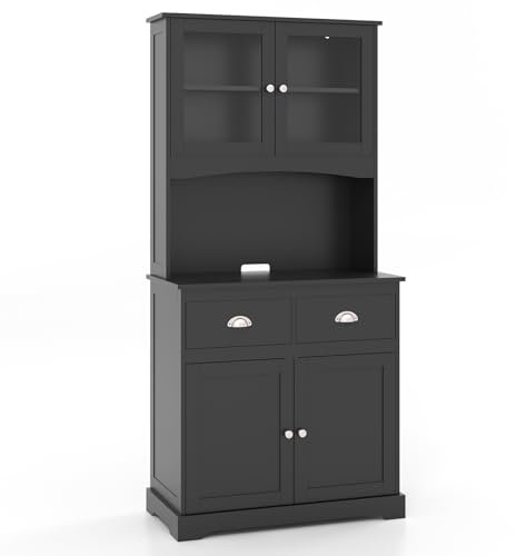 GiantexUK 170cm Tall Kitchen Cupboard, Wooden Pantry Storage Cabinet with Adjustable Shelves, 2 Drawers & Cable Hole, 4-Door Buffet Display Sideboard for Kitchen Dining Living Room (Black)