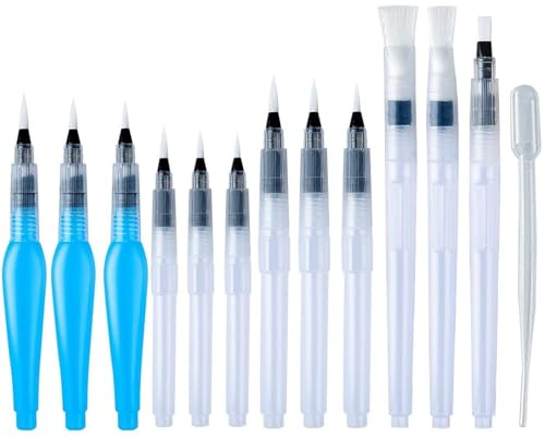 12 Stück Wasserpinsel Stifte, Aquarell Pinselstifte Blaue Kunststoff Leerer Wasserpinselstift mit Befüllbarer Wassertank Spitzer Malpinsel für Aquarellkunst und Malerei, Anfängermalerei mit Pipette