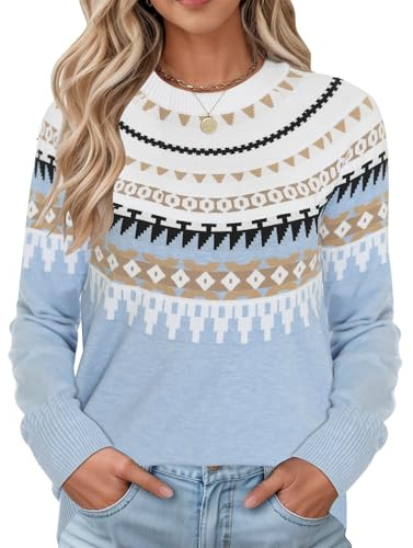LOMON Winter Sweater for Women 2025 Fashion Lantern Sleeve Gradient Colors Pullover Shawl Sweaters Light Blue Fair Isle S
