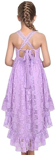Sunny Fashion Vestito Bambina Lilla Pizzo Floreale Hi-Lo Cinghia Estate Vacanza Elegante Principessa 12 Anni