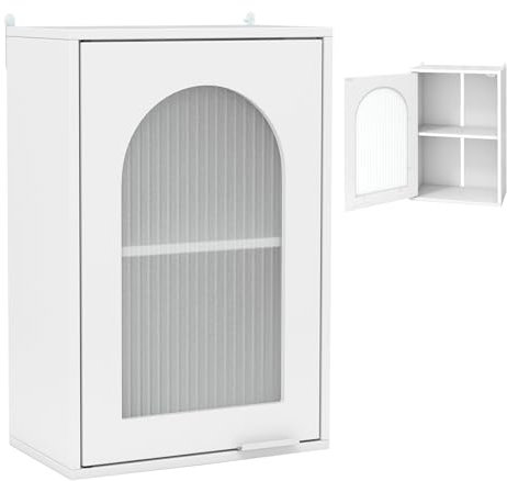 LIFEZEAL Mueble de baño de pared, mueble de cocina de pared, mueble colgante con puerta de cristal, estante ajustable, armario, armario, blanco, salvasapcio, moderno, de madera, 35 x 20 x 52,5 cm