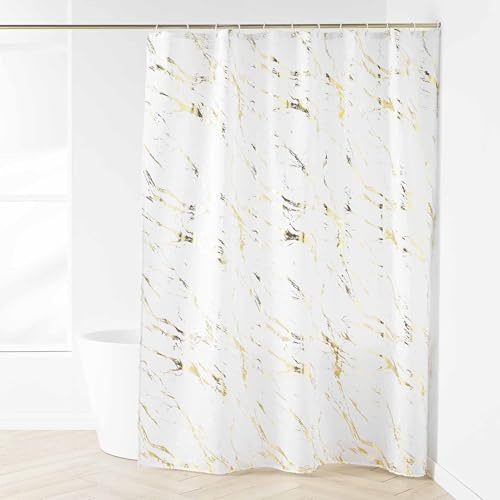 Douceur d'Intérieur, Shower Curtain with Hooks (180 x 200 cm) Aqua White Gold Polyester Metallic Printed
