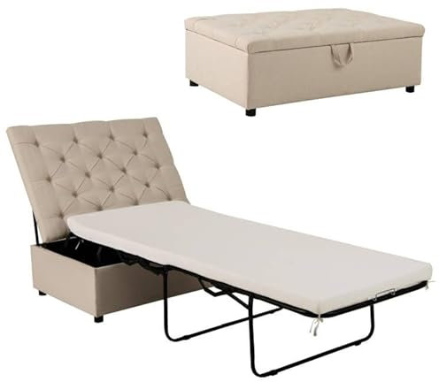 COSTWAY Folding Sofa Bed with Mattress, 2-in-1 Convertible Sofa Ottoman Single Guest Bed, Space-Saving Couch Sleeper Lounger Footstool for Home Office (Beige)