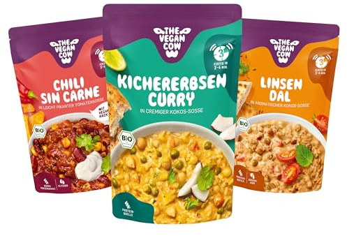 THE VEGAN COW | Probierpaket | 3 Bio-Fertiggerichte | Chili sin Carna | Linsen Dal | Kichererbsen Curry | Proteinreich & allergenfrei | 100% plfanzlich | ohne künstliche Zusätze | lange Haltbarkeit