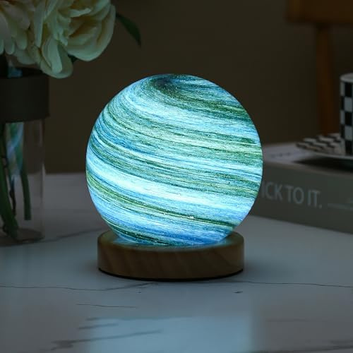 Planeten-Nachtlicht mit Holzsockel, 3 Farben, 12 cm, Glas-Galaxie-Lampe für Schlafzimmer, USB-betrieben, dimmbar, Kinderzimmerlicht für Kinder und Erwachsene, einzigartige Geschenkidee (5 V)