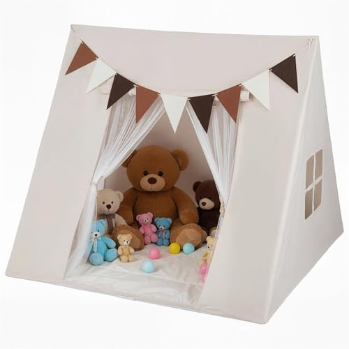 COSTWAY Spielhaus Kinder Indoor, Tipi Zelt für 2-3 Kleinkinder, Kinderzelt mit Flaggen, Kinder Spielzelt, inkl. abwaschbarer Matte, Kinderspielhaus für Jungen und Mädchen ab 3 Jahren, Beige