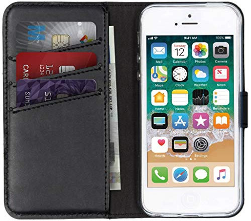 SELENCIA Klapphülle aus Echtleder - Geeignet für iPhone SE (2016) / 5 / 5s - Schwarz
