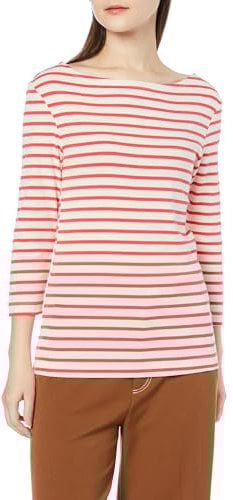 Amazon Essentials Women's Slim-Fit 3/4-Sleeve Boat-Neck T-Shirt, Ivory Red Stripes, M