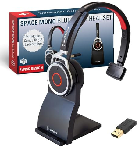 freeVoice Space Mono NC inkl. Ladestation I Kabellose Kopfhörer mit Noise-Cancelling Mikrofon I Bluetooth Headset mit USB-A Dongle I Earphones für bis zu 10 h Gesprächszeit & mit 30 m Reichweite