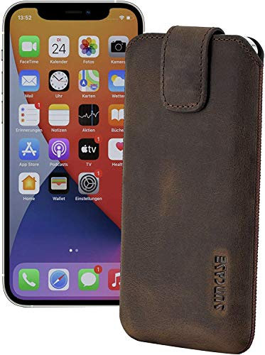 Suncase ECHT Ledertasche Leder Etui kompatibel mit iPhone 12 (6.1) Hülle (mit Rückzugsfunktion und Magnetverschluss) antik dunkel braun
