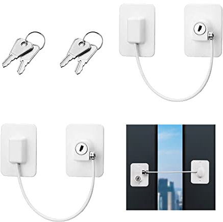Window Door Lock,2 PCS Adhesive Cable Restrictor with Keys Baby Child Safety Locks Anti-Theft Security Lock Protection Lock Buckle Cable Catch Wire for Window Refrigerator Cabinet Drawer(White)