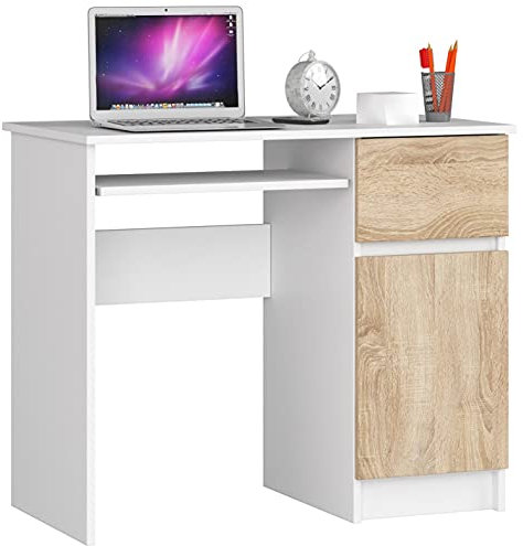 AKORD Bureau Informatique d'ordinateur Piksel | Tablette Clavier | Droit | Desk | 1 Tiroir et 1 Compartiment avec Porte | Table d’étude | L90 x H77 x P50 cm | Blanc/Chêne Sonoma
