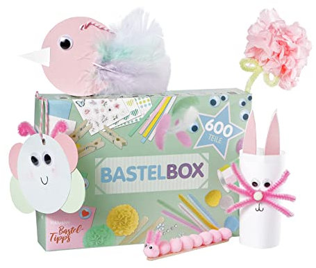 Lulubug Bastelset für Mädchen und Jungen, 600 Teile | Seidenblumen, Pompons, Tonpapier, Washi Tape, Wackelaugen, Sticker uvm. im Bastelkoffer | DIY Scrapbook Bastelbox für Kinder